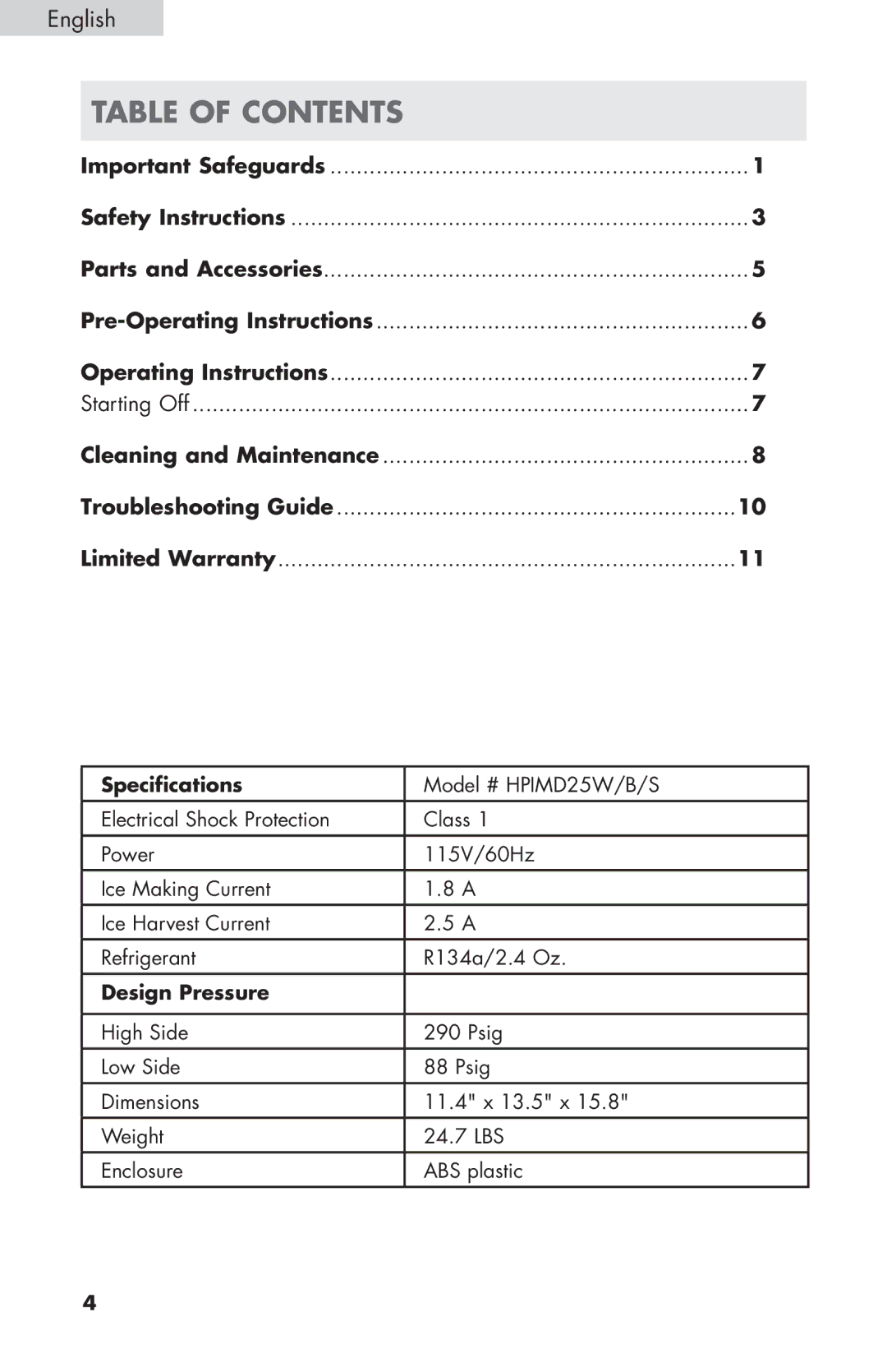 Haier HPIMD25B, HPIMD25W, HPIMD25S manual Table of contents 