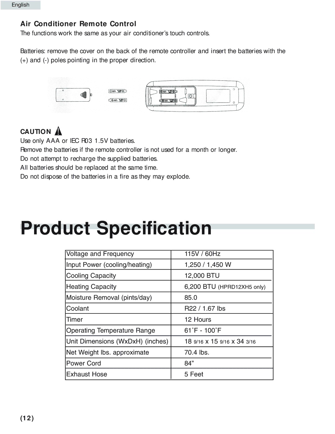 Haier HPRD12HC5 manual Product Specification, Air Conditioner Remote Control 