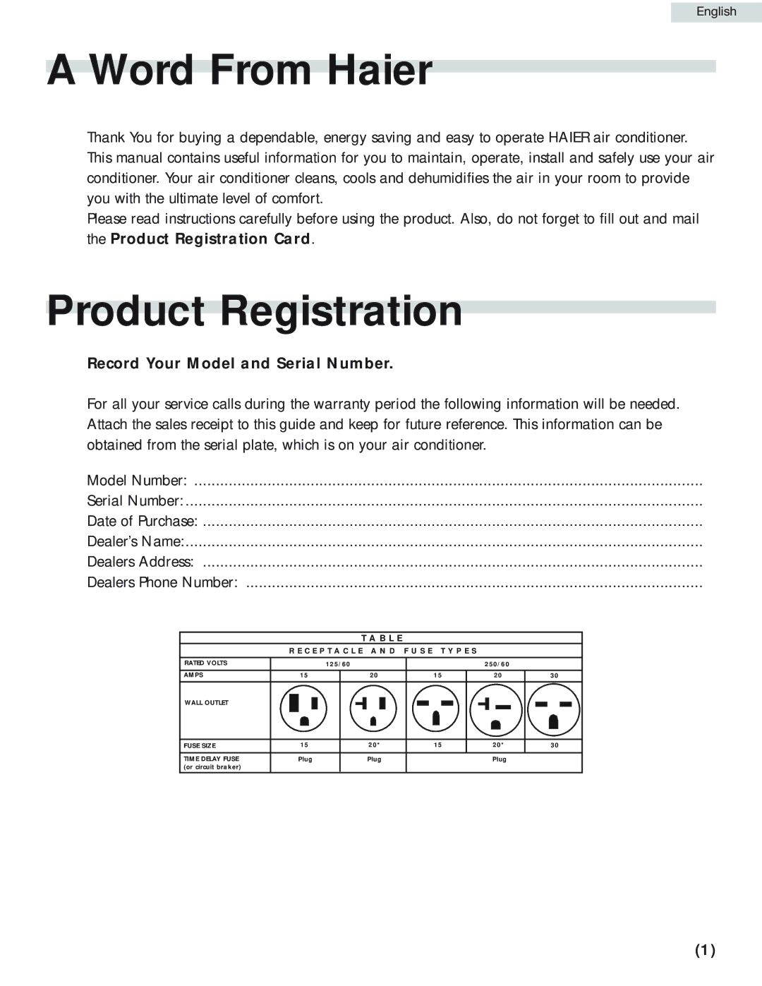 Haier HPRD12HC5 manual Word From Haier, Product Registration, Record Your Model and Serial Number 