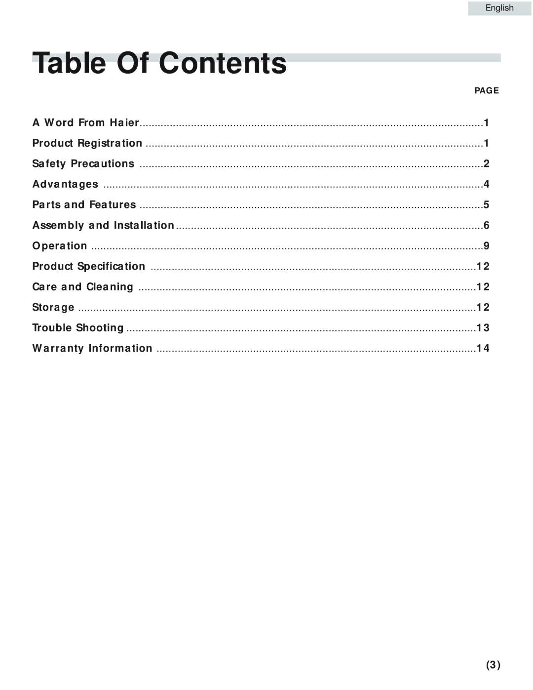 Haier HPRD12HC5 manual Table Of Contents 