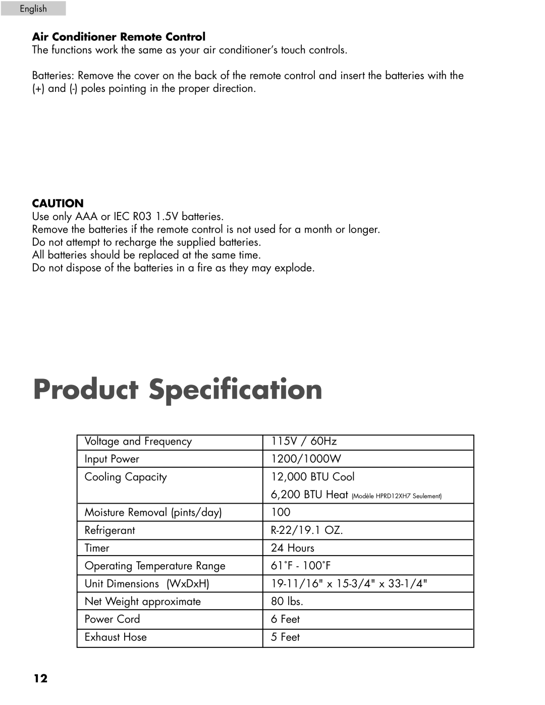 Haier HPRD12XH7, HPRD12XC7 user manual Product Specification, Air Conditioner Remote Control 