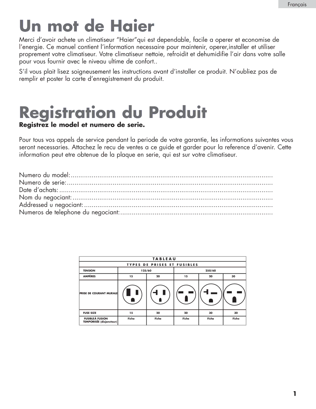 Haier HPRD12XC7, HPRD12XH7 user manual Un mot de Haier, Registration du Produit, Registrez le model et numero de serie 