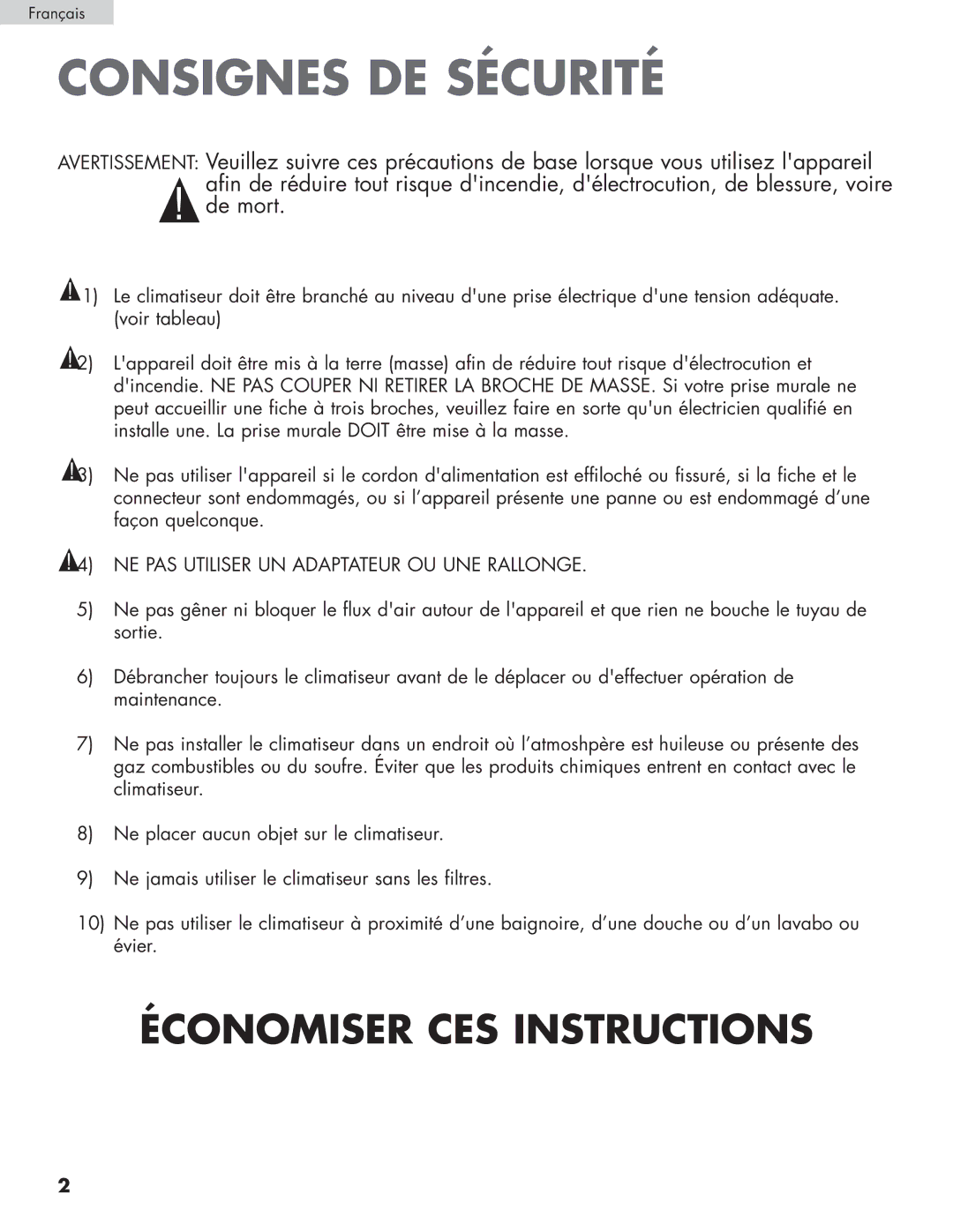 Haier HPRD12XH7, HPRD12XC7 user manual Consignes DE Sécurité, NE PAS Utiliser UN Adaptateur OU UNE Rallonge 