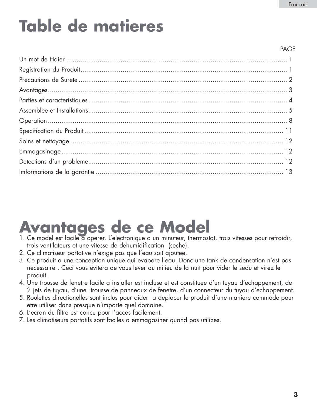 Haier HPRD12XC7, HPRD12XH7 user manual Table de matieres, Avantages de ce Model 