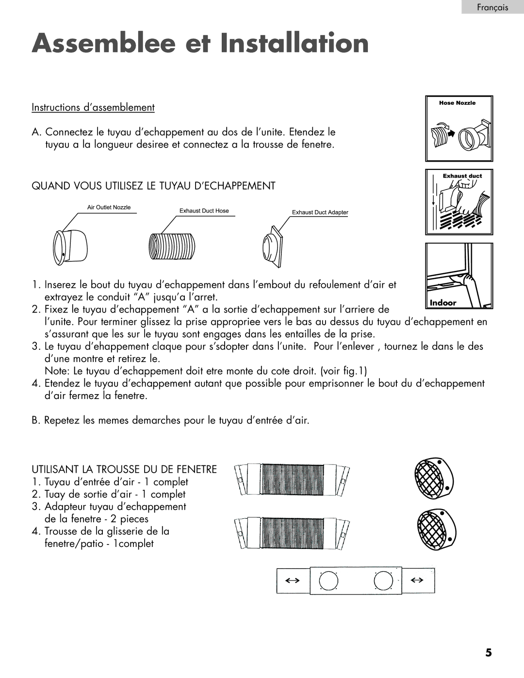 Haier HPRD12XC7, HPRD12XH7 user manual Assemblee et Installation, Quand Vous Utilisez LE Tuyau D’ECHAPPEMENT 