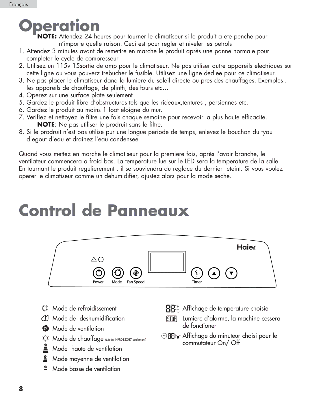 Haier HPRD12XH7, HPRD12XC7 user manual Operation, Control de Panneaux 