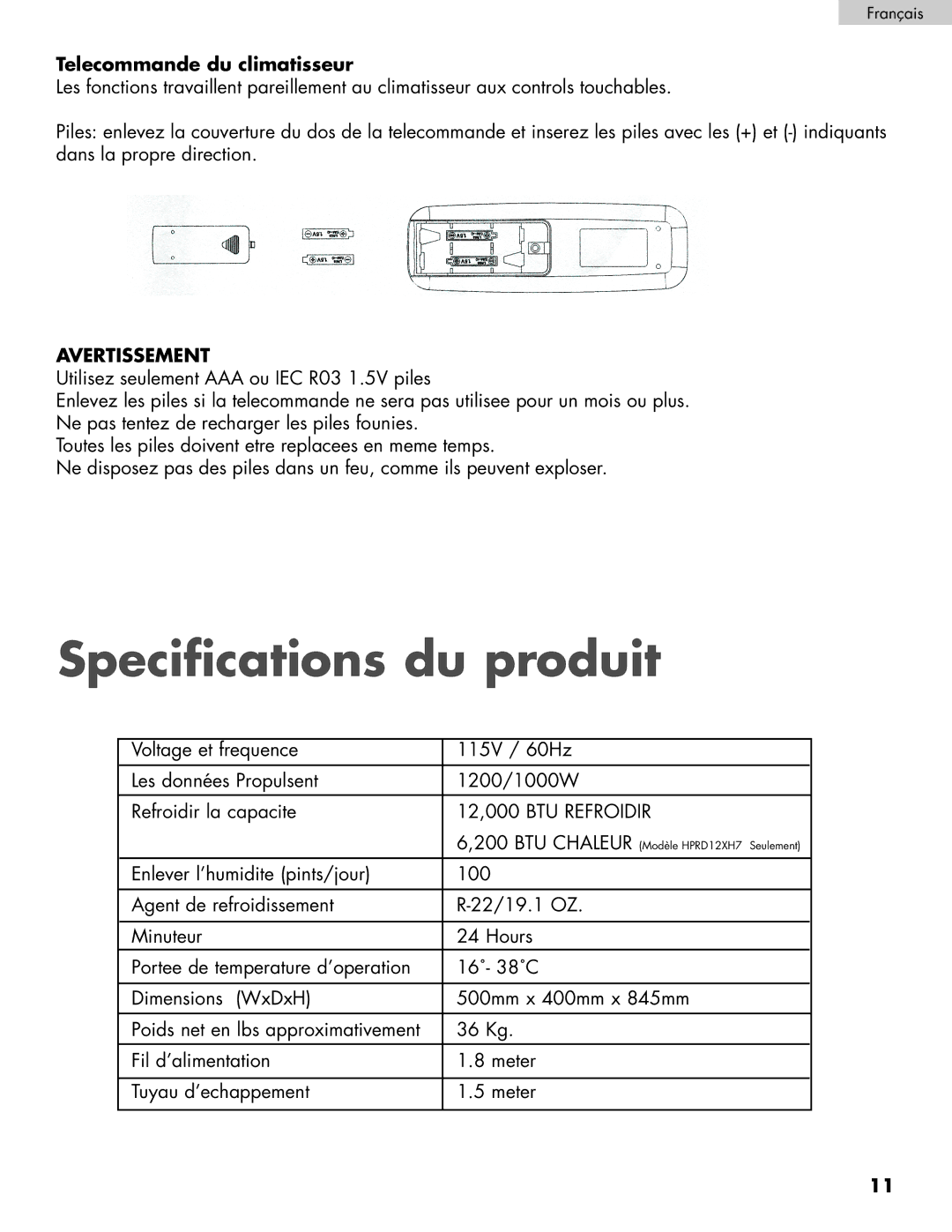 Haier HPRD12XC7, HPRD12XH7 user manual Specifications du produit, Telecommande du climatisseur, 12,000 BTU Refroidir 