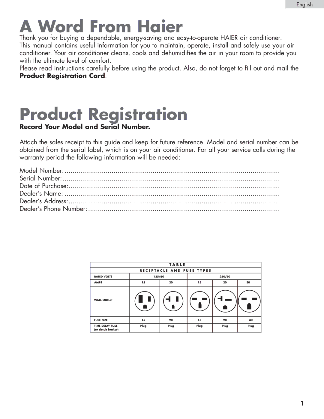 Haier HPRD12XC7, HPRD12XH7 user manual Word From Haier, Product Registration, Record Your Model and Serial Number 