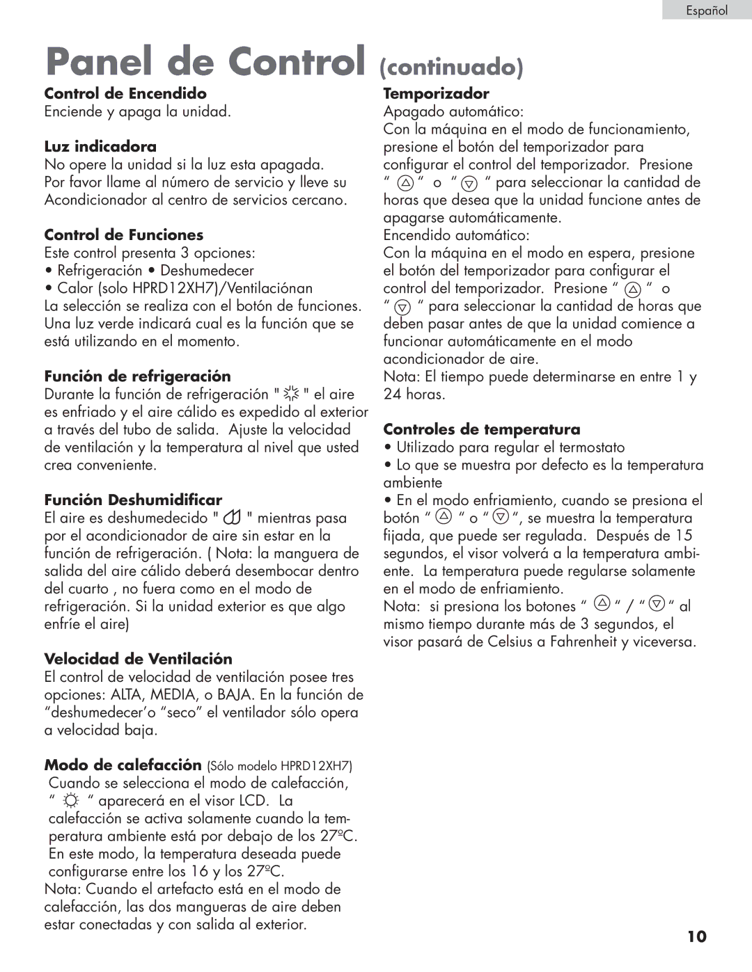 Haier HPRD12XC7, HPRD12XH7 user manual Control de Encendido, Luz indicadora, Control de Funciones, Función de refrigeración 