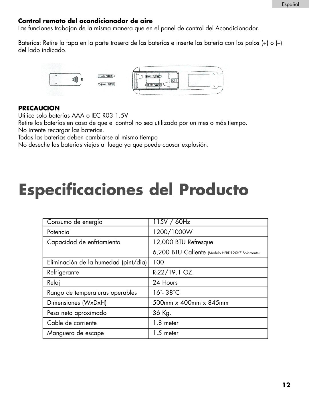 Haier HPRD12XC7, HPRD12XH7 user manual Especificaciones del Producto, Control remoto del acondicionador de aire 