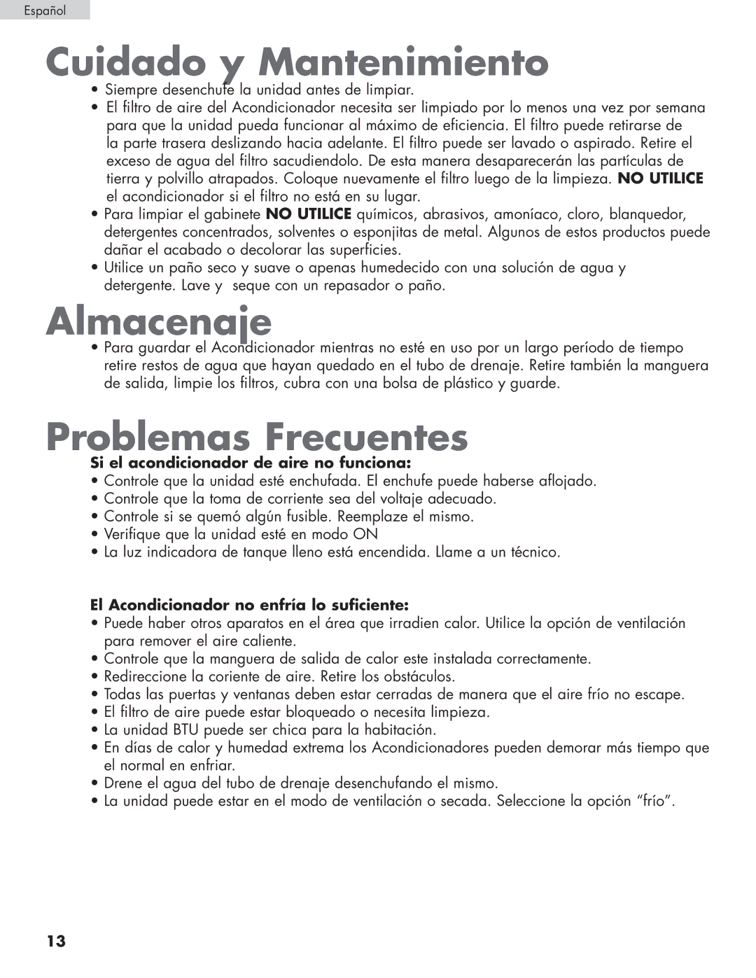 Haier HPRD12XH7 Cuidado y Mantenimiento, Almacenaje, Problemas Frecuentes, Si el acondicionador de aire no funciona 