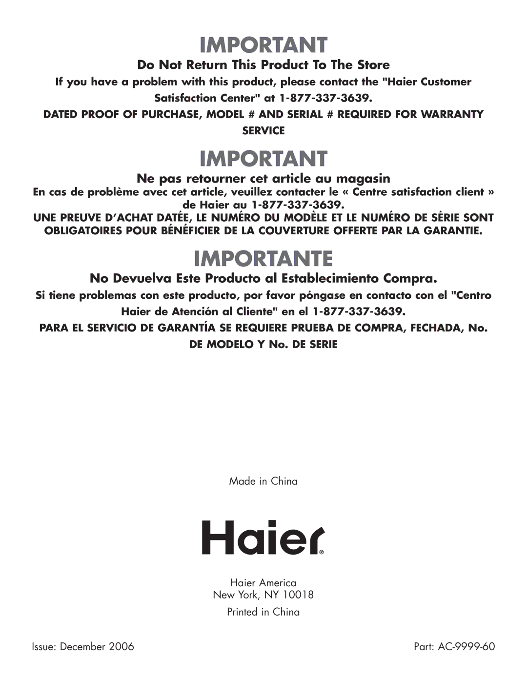 Haier HPRD12XH7, HPRD12XC7 user manual Do Not Return This Product To The Store , Ne pas retourner cet article au magasin 