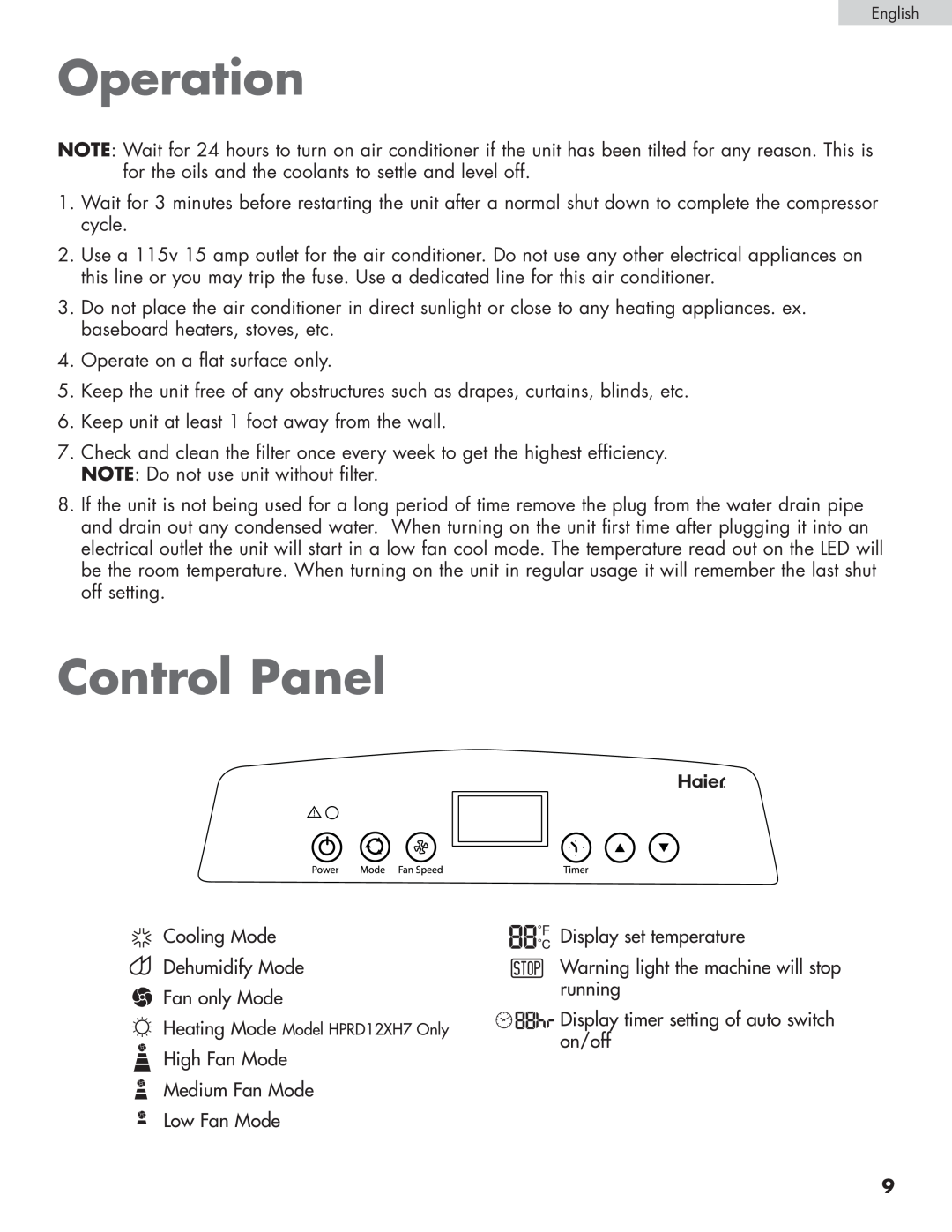 Haier HPRD12XC7, HPRD12XH7 user manual Operation, Control Panel 