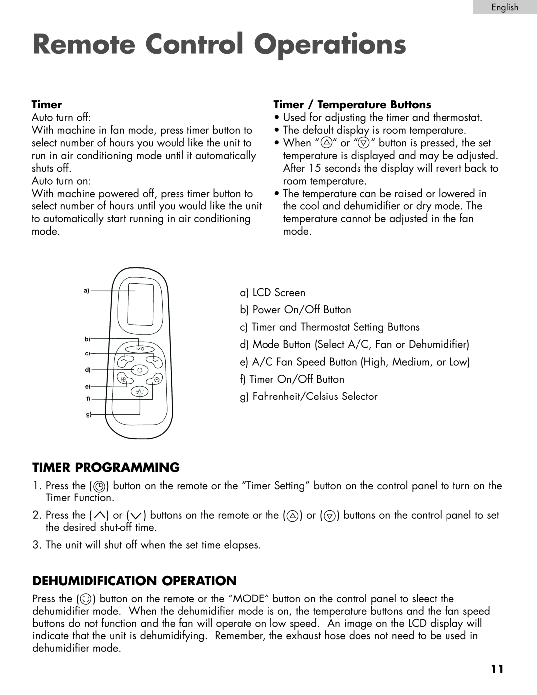 Haier HPRD12XC7 Remote Control Operations, Timer Programming, Dehumidification Operation, Timer / Temperature Buttons 