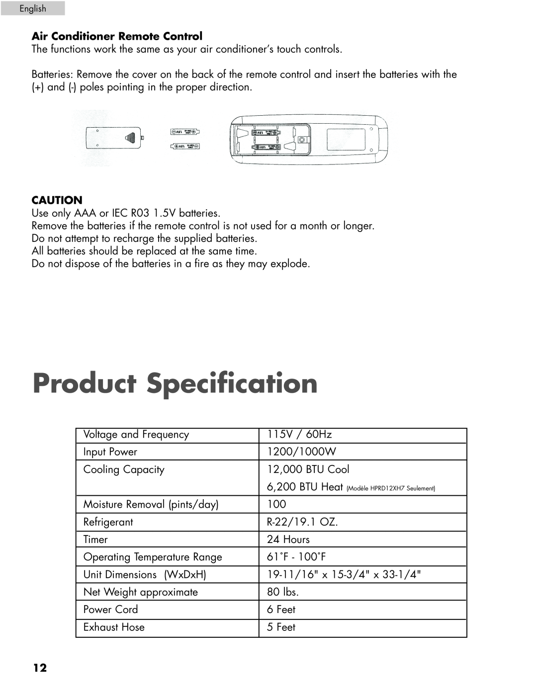 Haier HPRD12XH7, HPRD12XC7 user manual Product Specification, Air Conditioner Remote Control 