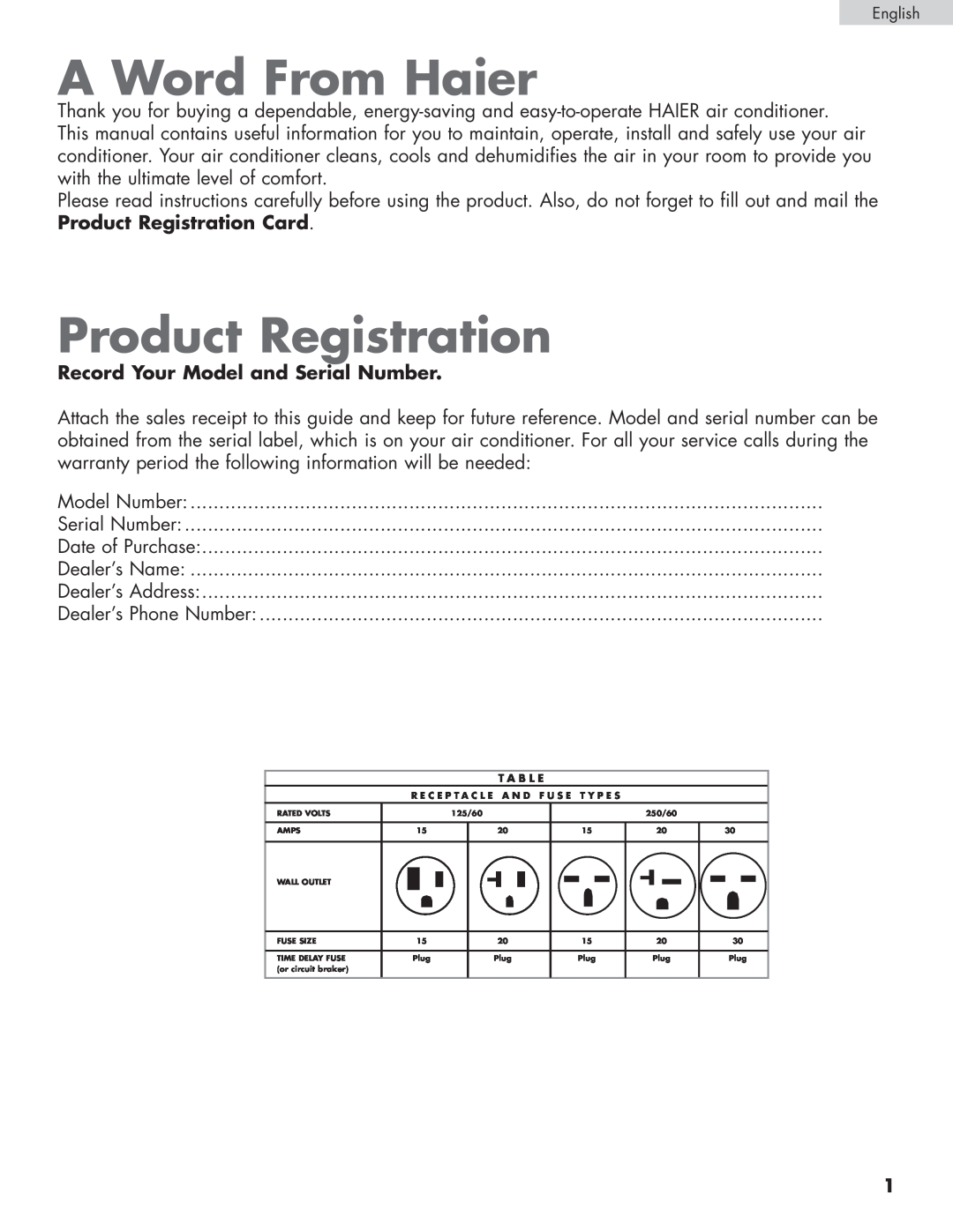 Haier HPRD12XC7, HPRD12XH7 user manual A Word From Haier, Product Registration, Record Your Model and Serial Number 