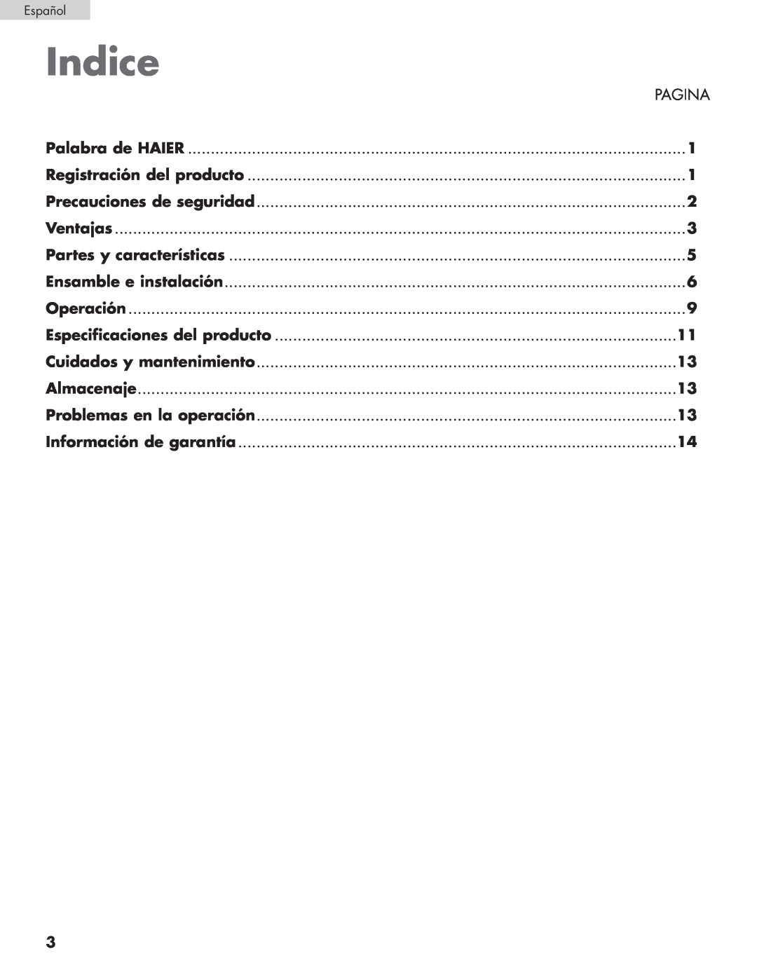Haier HPRD12XH7 Indice, Pagina, Palabra de HAIER, Registración del producto, Precauciones de seguridad, Ventajas 