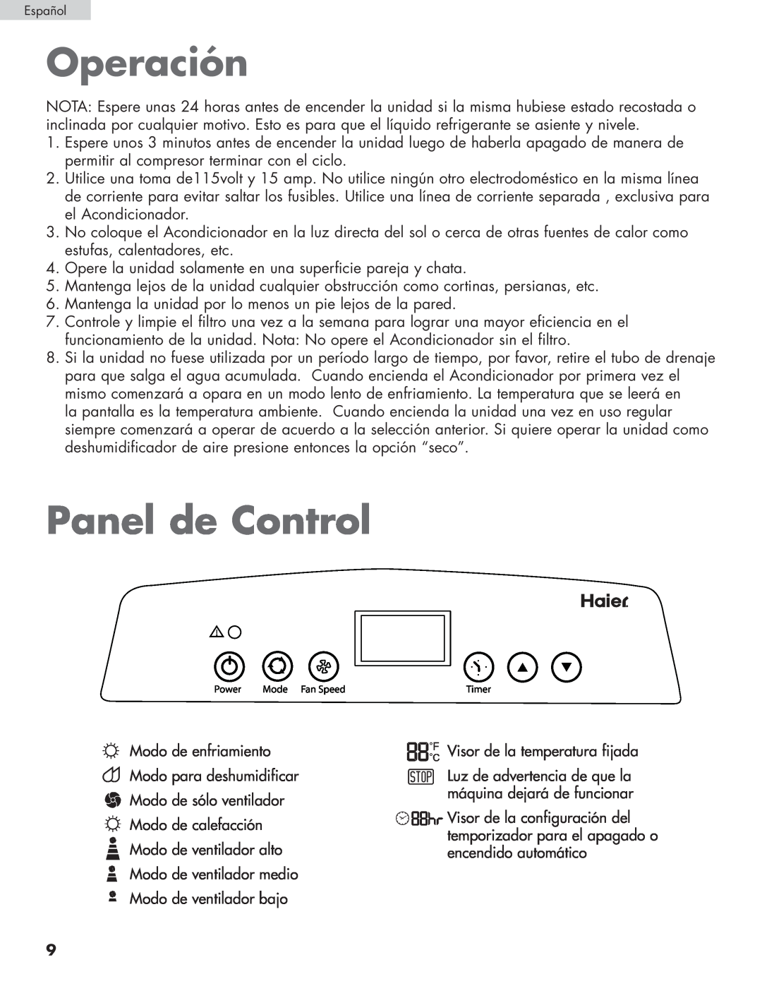 Haier HPRD12XH7, HPRD12XC7 user manual Operación, Panel de Control 
