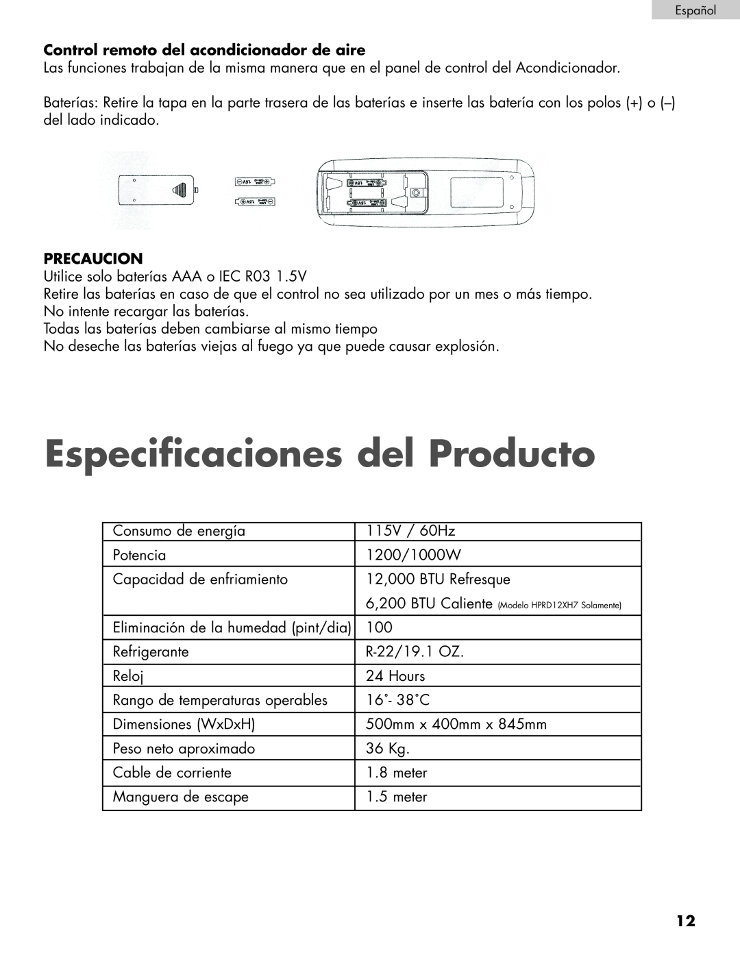Haier HPRD12XC7, HPRD12XH7 user manual Especificaciones del Producto, Control remoto del acondicionador de aire, Precaucion 