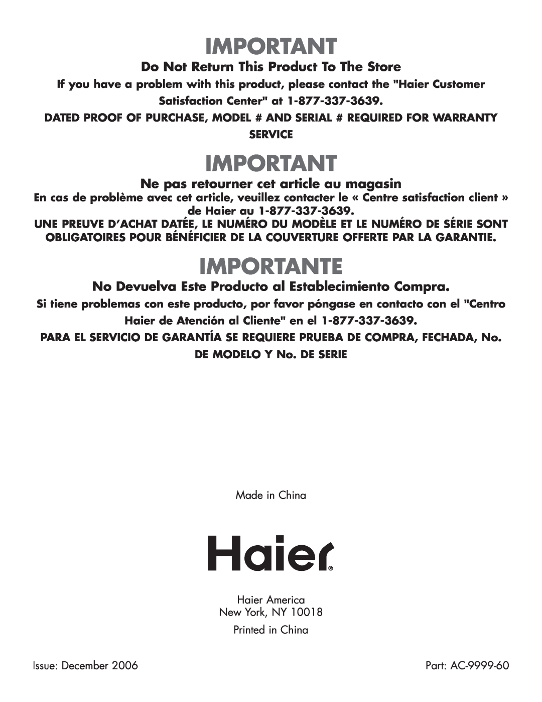 Haier HPRD12XH7 Importante, Do Not Return This Product To The Store, Ne pas retourner cet article au magasin, Service 