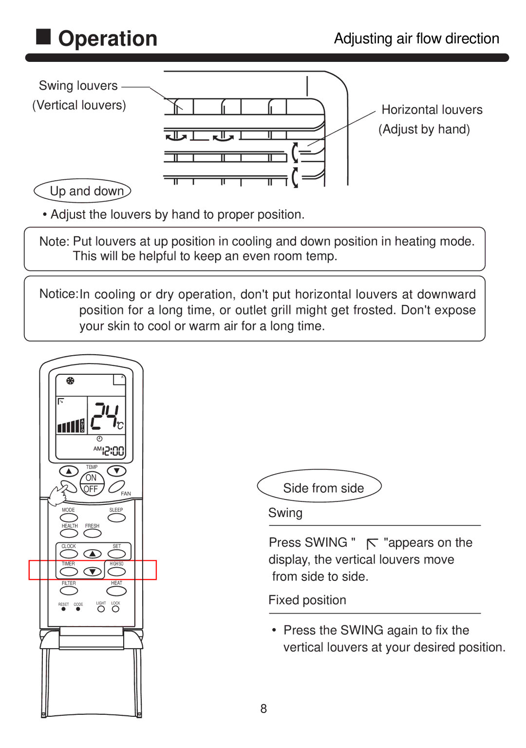 Haier HPU-42CF03 operation manual Adjusting air flow direction 