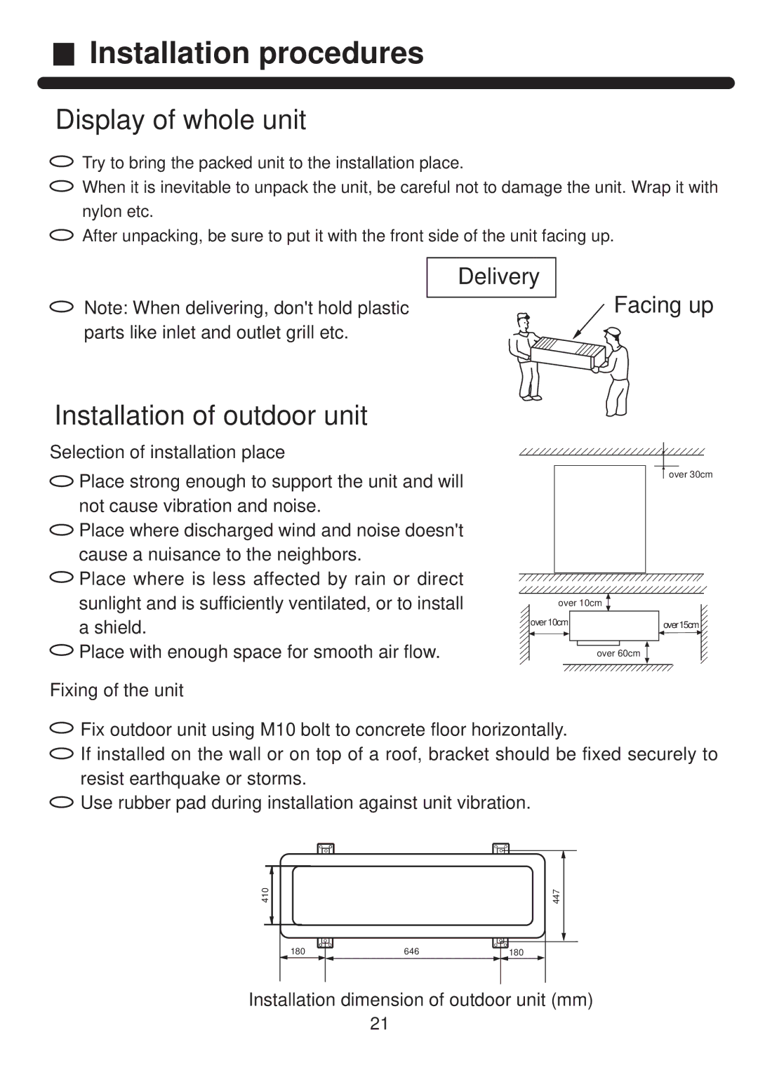 Haier HPU-42CF03 operation manual Installation procedures, Shield, Place with enough space for smooth air flow 