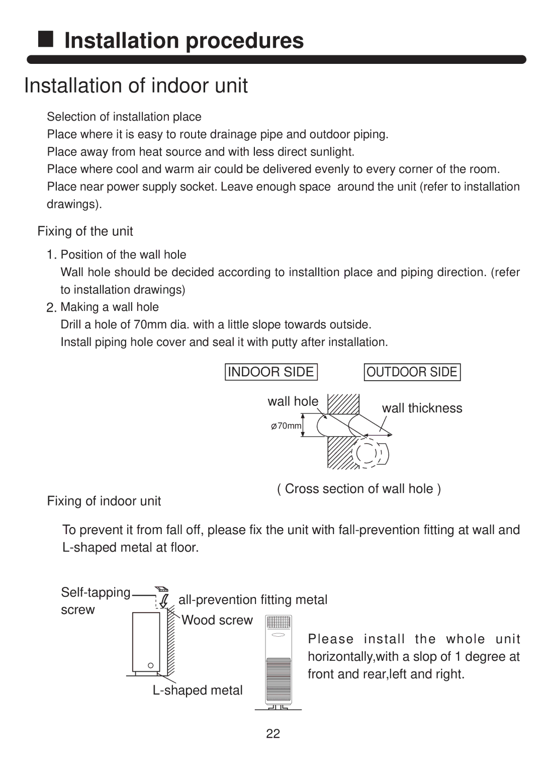 Haier HPU-42CF03 operation manual Fixing of the unit, Wall hole 