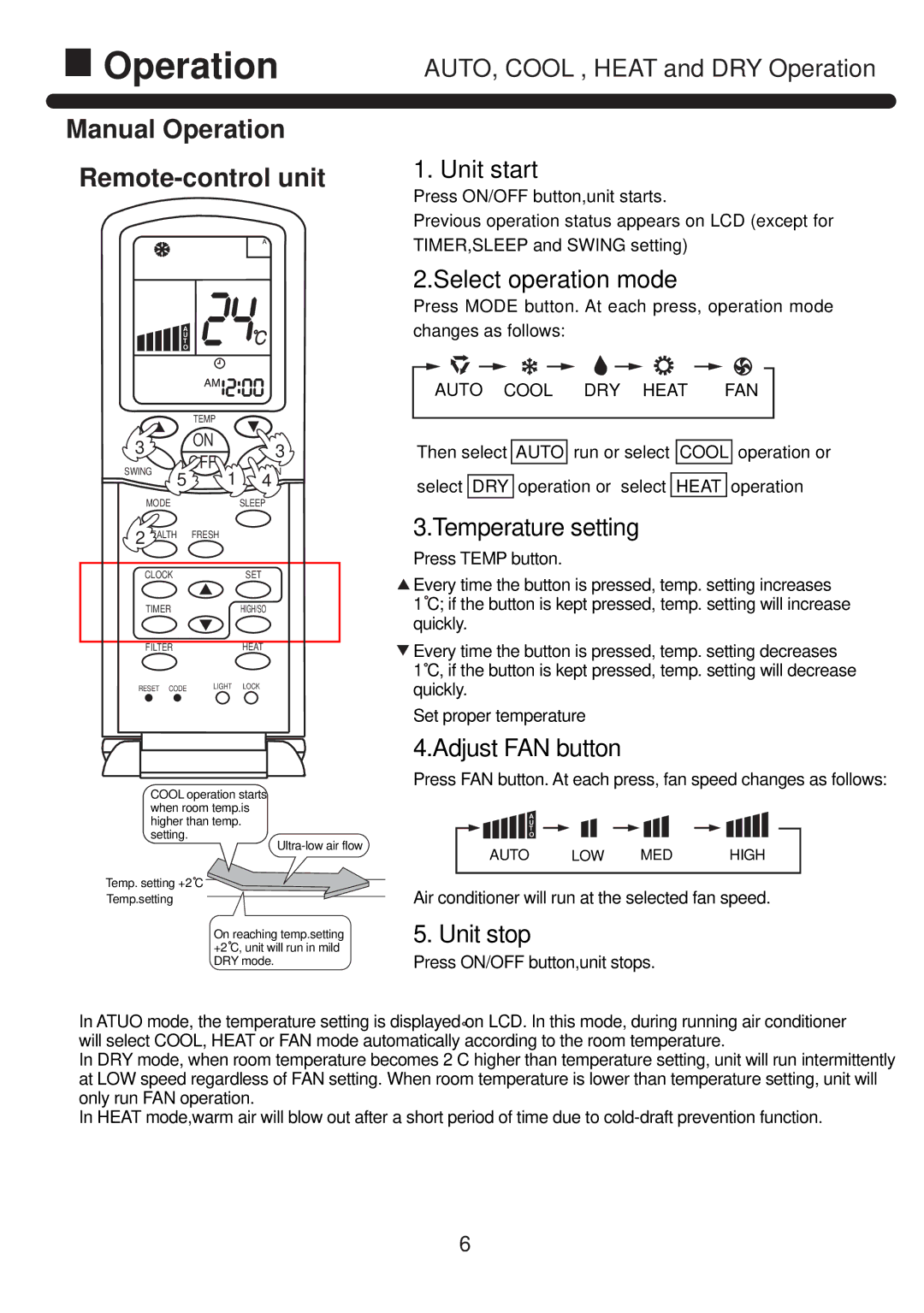 Haier HPU-42CF03 Operation, Air conditioner will run at the selected fan speed, Press ON/OFF button,unit stops 