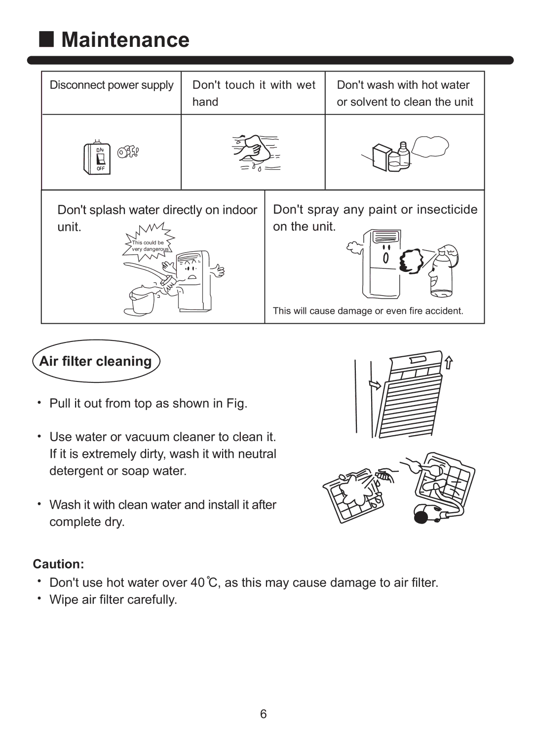 Haier HPU-42HI03, HPU-42CH03, HPU-48HK03, HPU-42HH03, HPU-48HJ03, HPU-48CJ03, HPU-48CK03 Maintenance, Air filter cleaning 