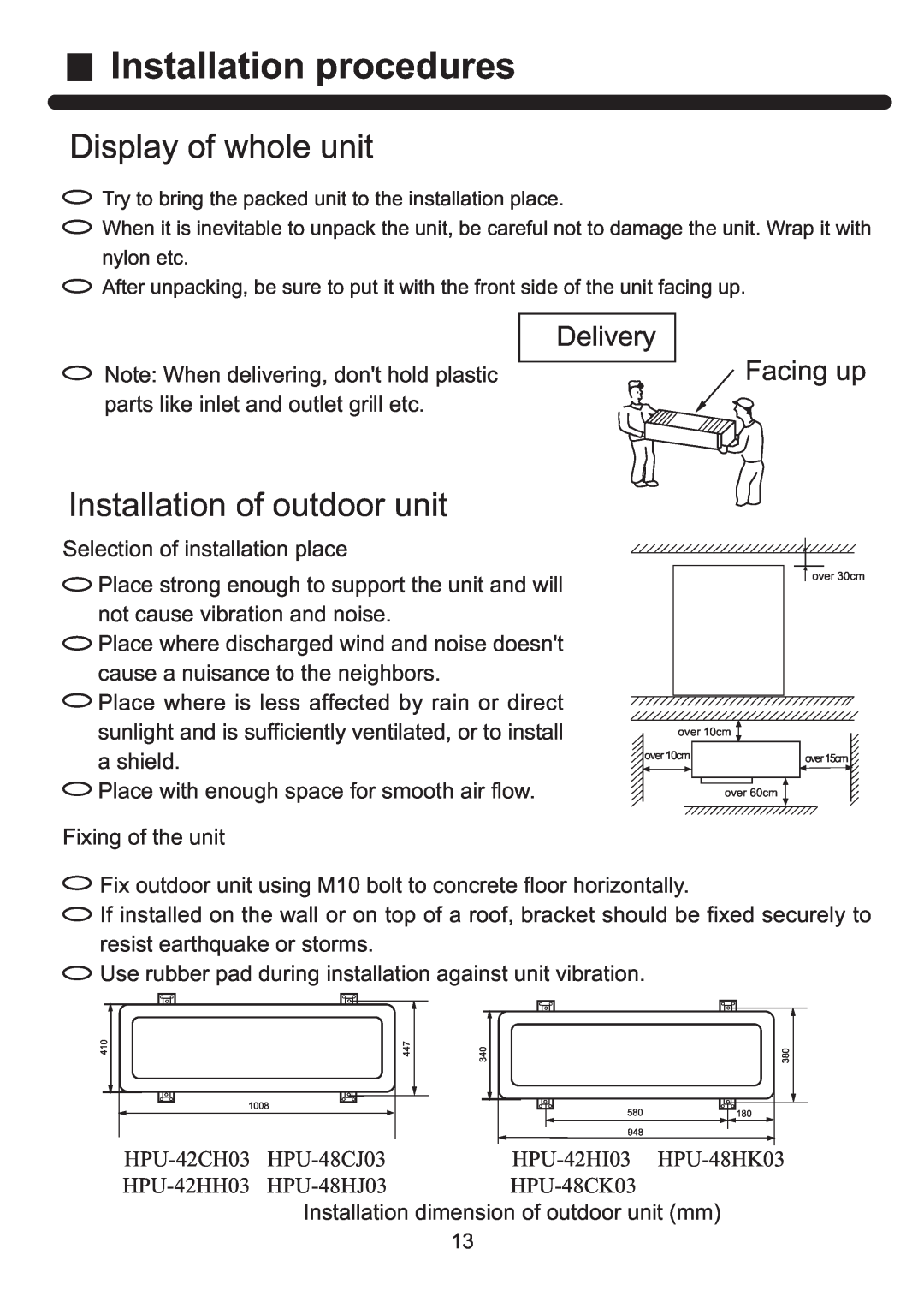 Haier HPU-42HI03 Installation procedures, Display of whole unit, Installation of outdoor unit, Delivery, Facing up 