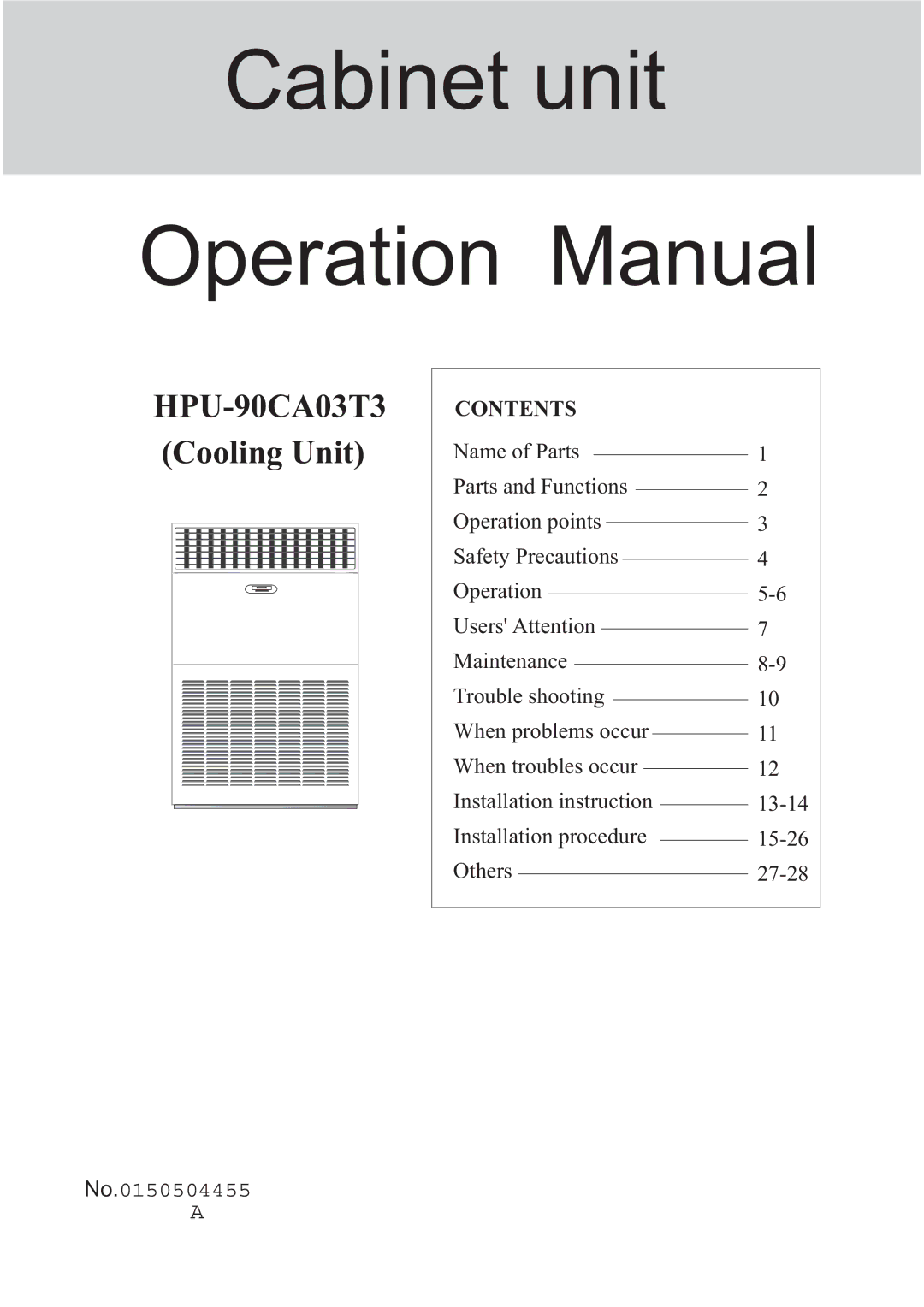 Haier HPU-90CA03T3 operation manual Cabinet unit 