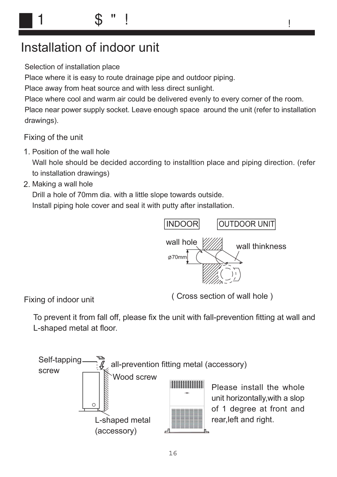 Haier HPU-90CA03T3 operation manual Installation procedure, Installation of indoor unit 