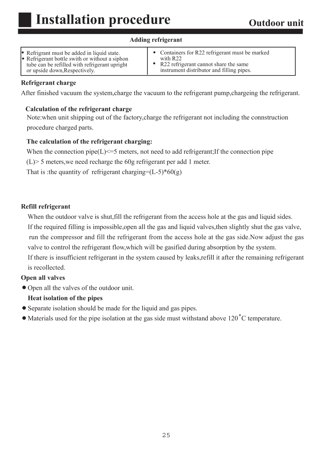 Haier HPU-90CA03T3 operation manual Refrigerant charge, Refill refrigerant, Open all valves, Heat isolation of the pipes 