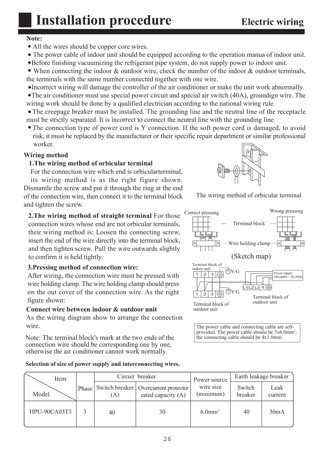 Haier HPU-90CA03T3 operation manual Wiring method Wiring method of orbicular terminal, Pressing method of connection wire 