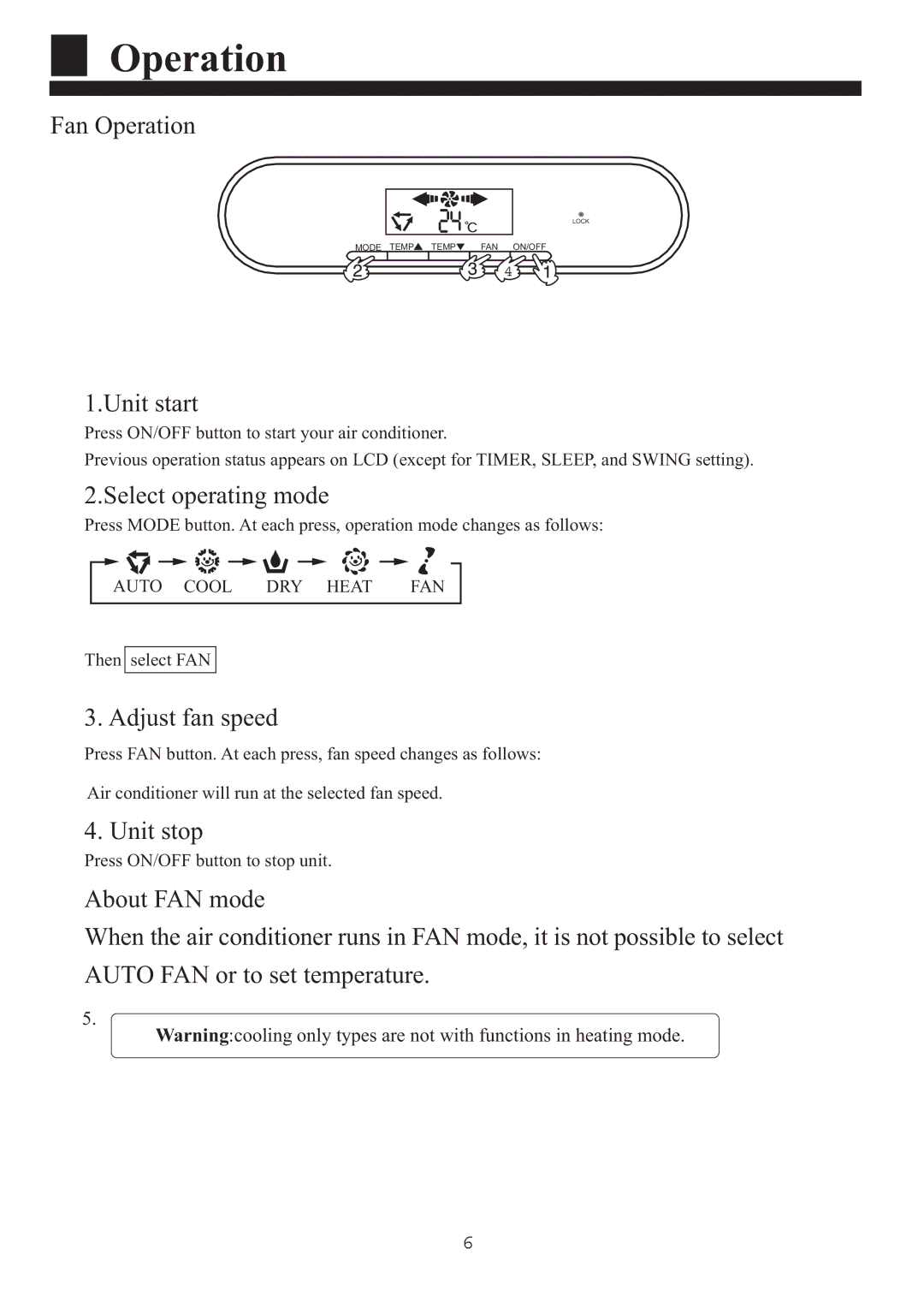 Haier HPU-90CA03T3 operation manual Fan Operation 