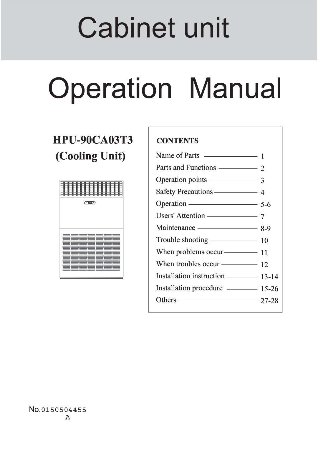 Haier operation manual HPU-90CA03T3Cooling Unit, No.0150504455 A 