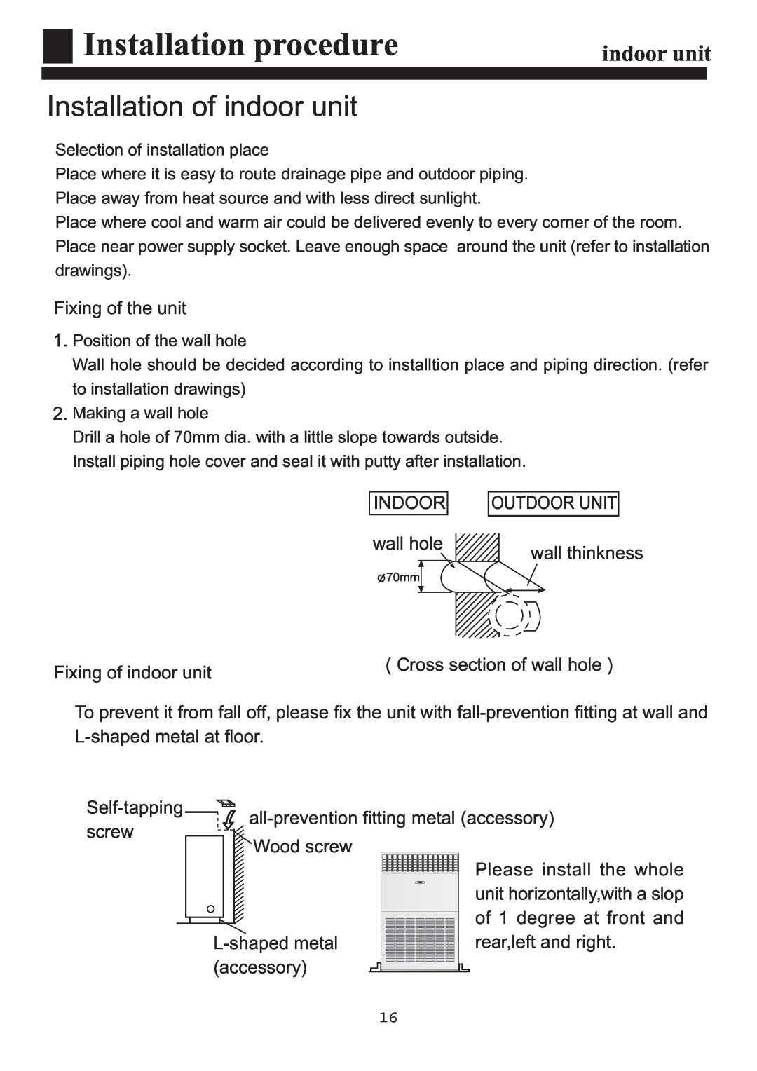 Haier HPU-90CA03T3 operation manual Installation procedure, Installation of indoor unit 