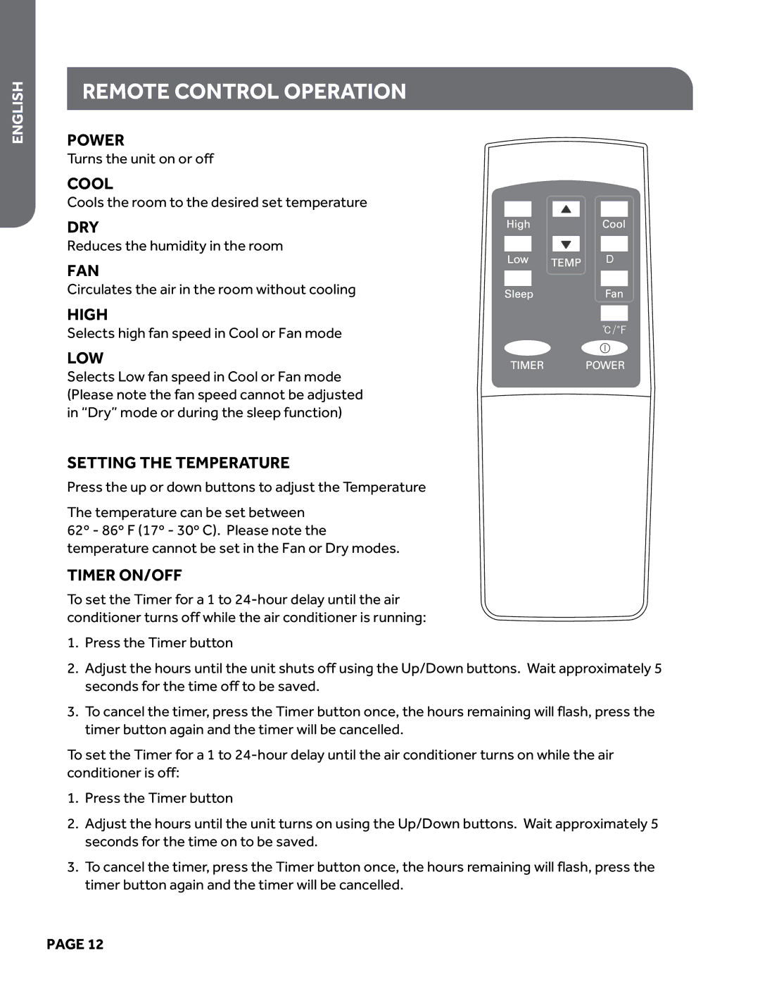 Haier HPY08XCM manual Remote control operation 