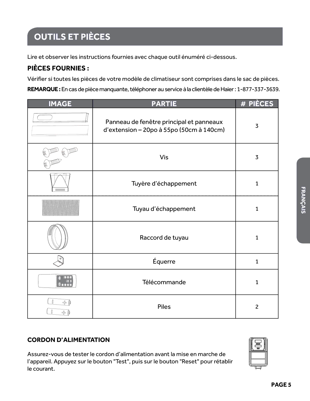 Haier HPY08XCM manual Outils ET Pièces, Pièces Fournies 