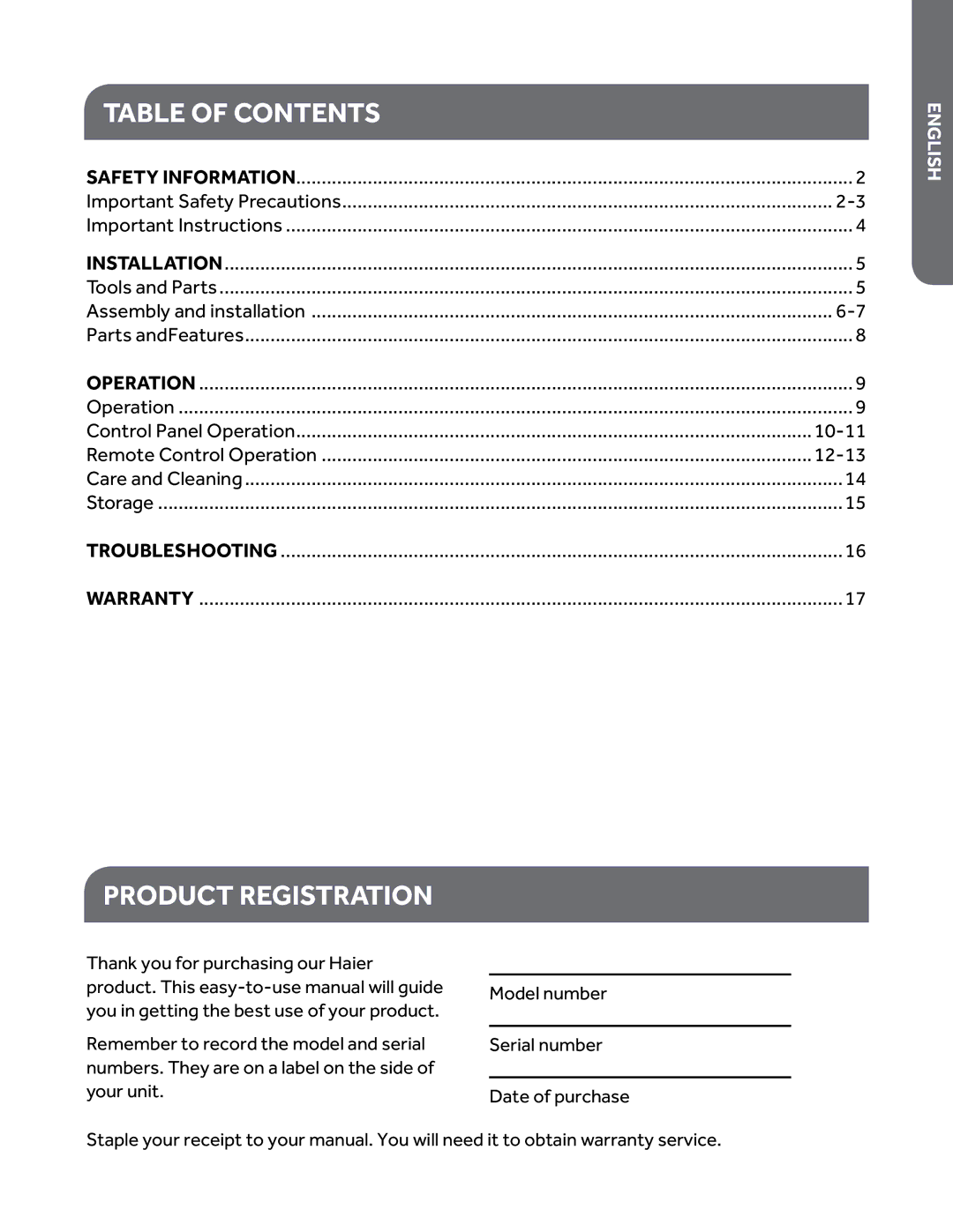 Haier HPY08XCM manual Table of contents, Product Registration 