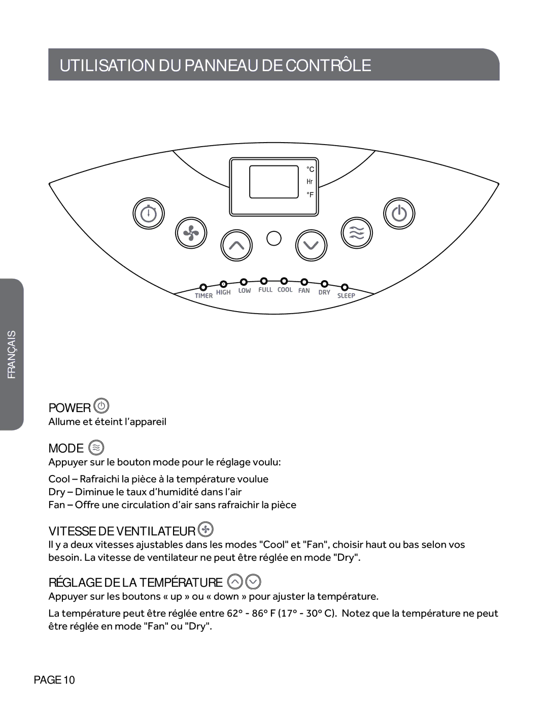 Haier HPY08XCM manual Utilisation du panneau de contrôle, Vitesse de ventilateur, Réglage de la température 