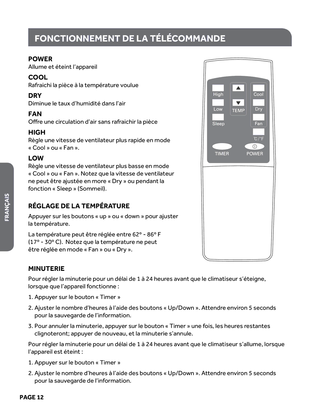 Haier HPY08XCM manual Fonctionnement de la télécommande, Cool 