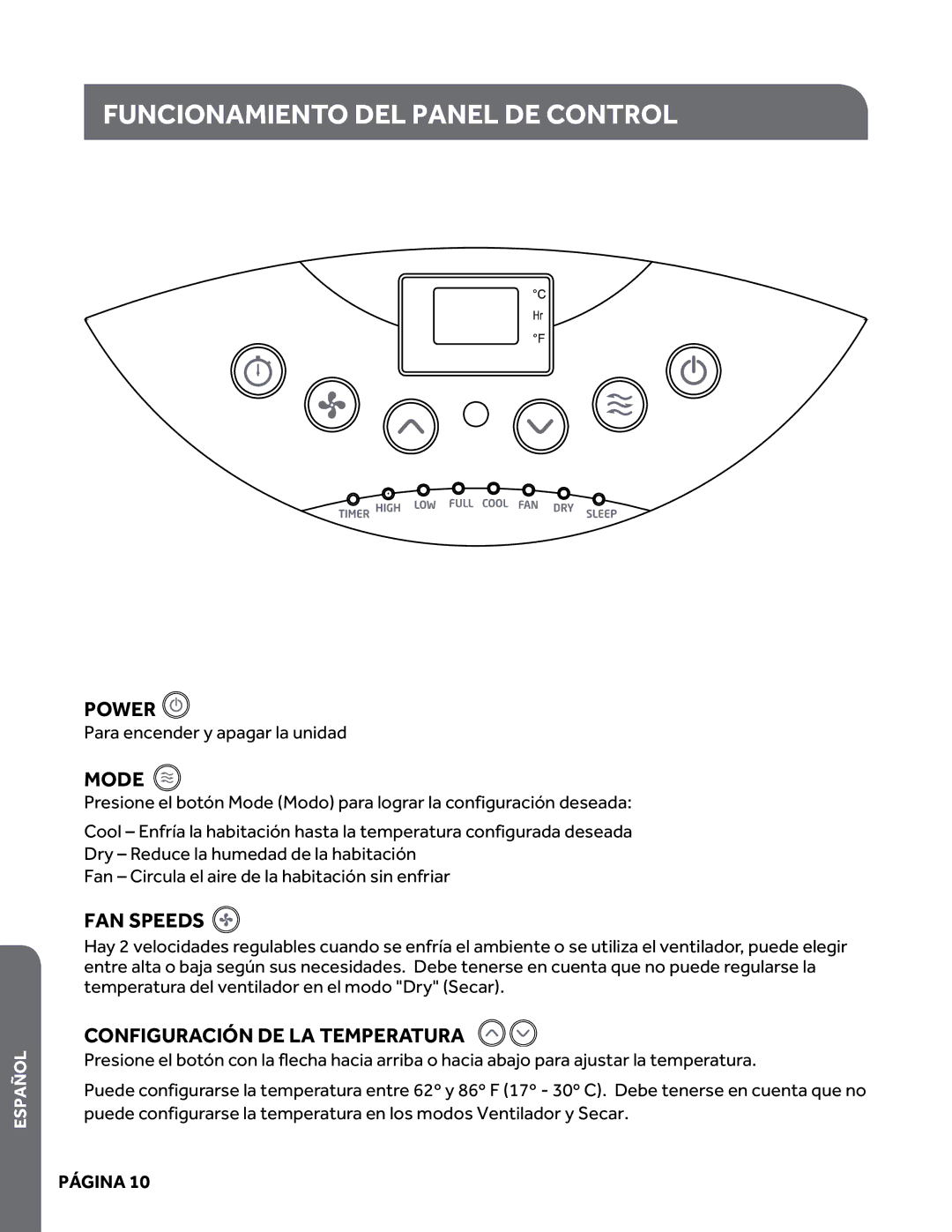 Haier HPY08XCM manual Funcionamiento del panel de control, Configuración de la temperatura 