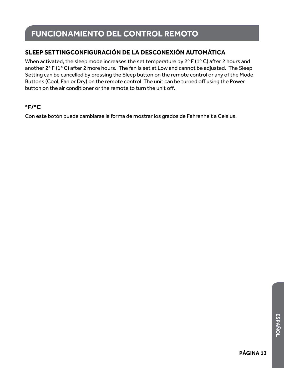 Haier HPY08XCM manual Sleep SettingConfiguración de la desconexión automática, ºf/ºc 