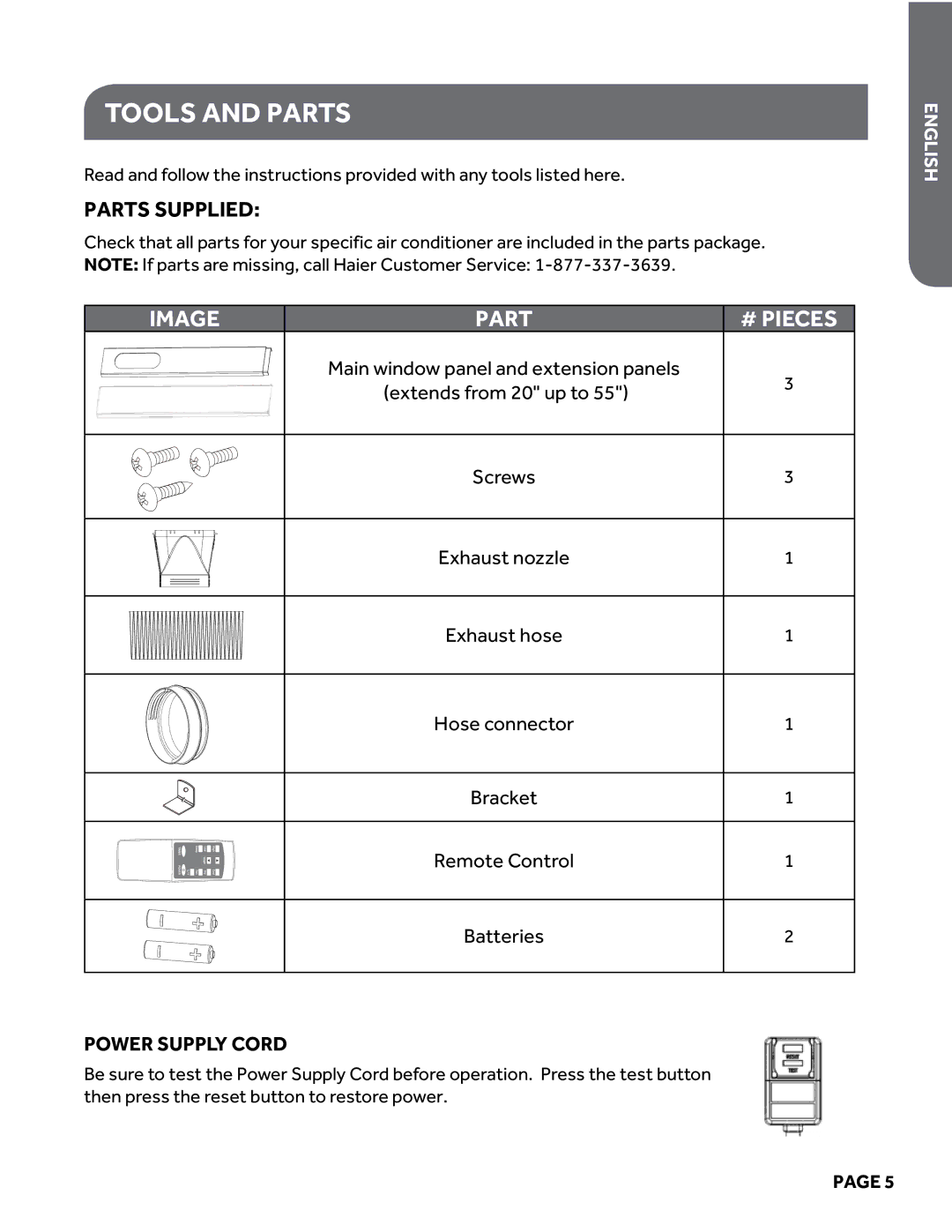 Haier HPY08XCM manual Tools and Parts, Parts supplied 