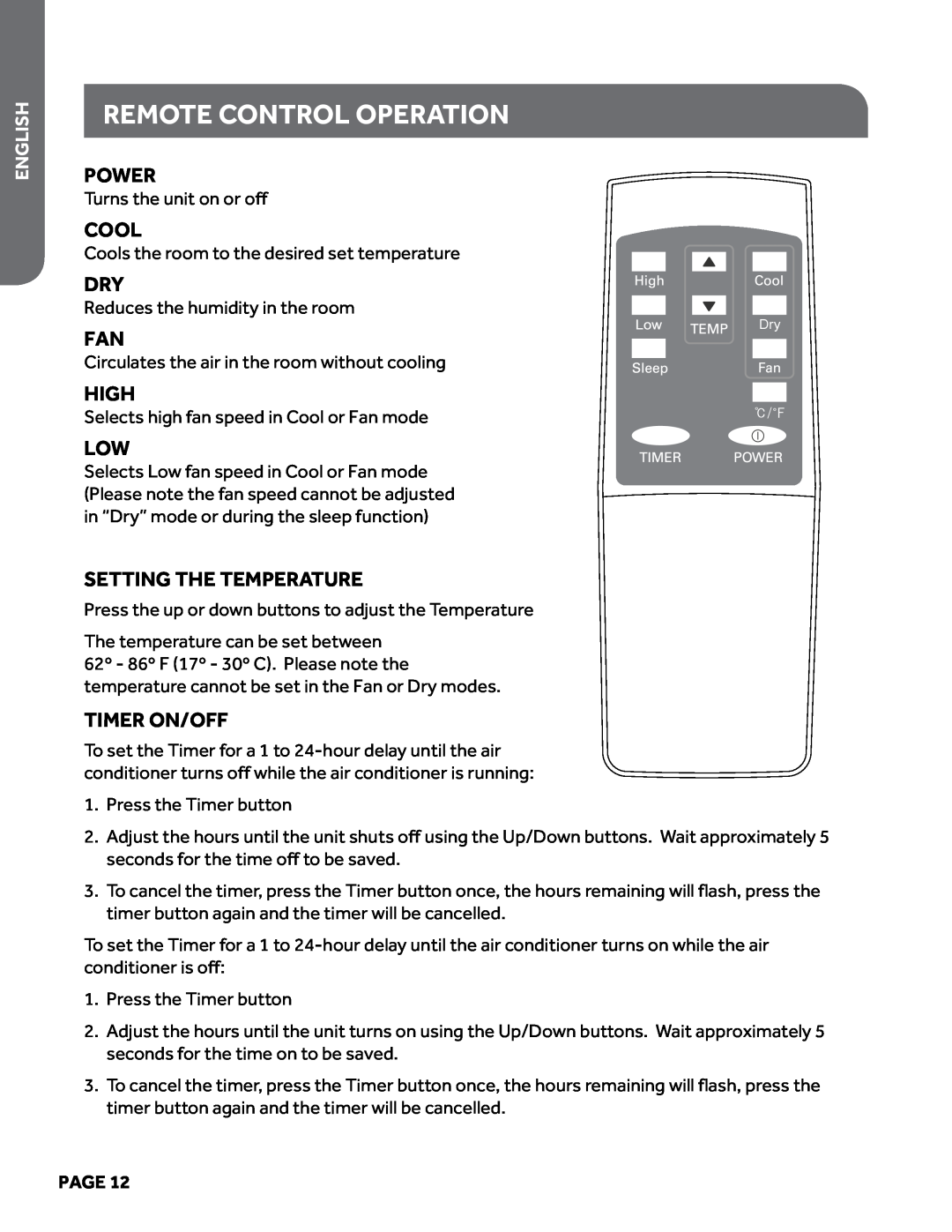 Haier HPY08XCM manual remote control operation, Power, Cool, High, Setting the Temperature, Timer On/Off, English, Page 