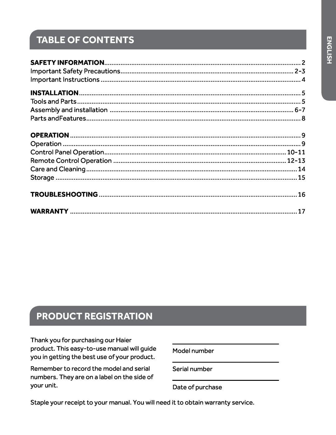 Haier HPY08XCM manual table of contents, Product Registration, h Englis 