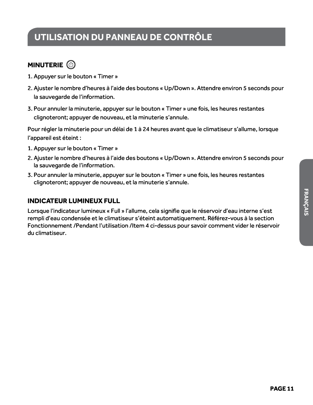 Haier HPY08XCM manual Utilisation du panneau de contrôle, Minuterie, Indicateur lumineux Full, Page 