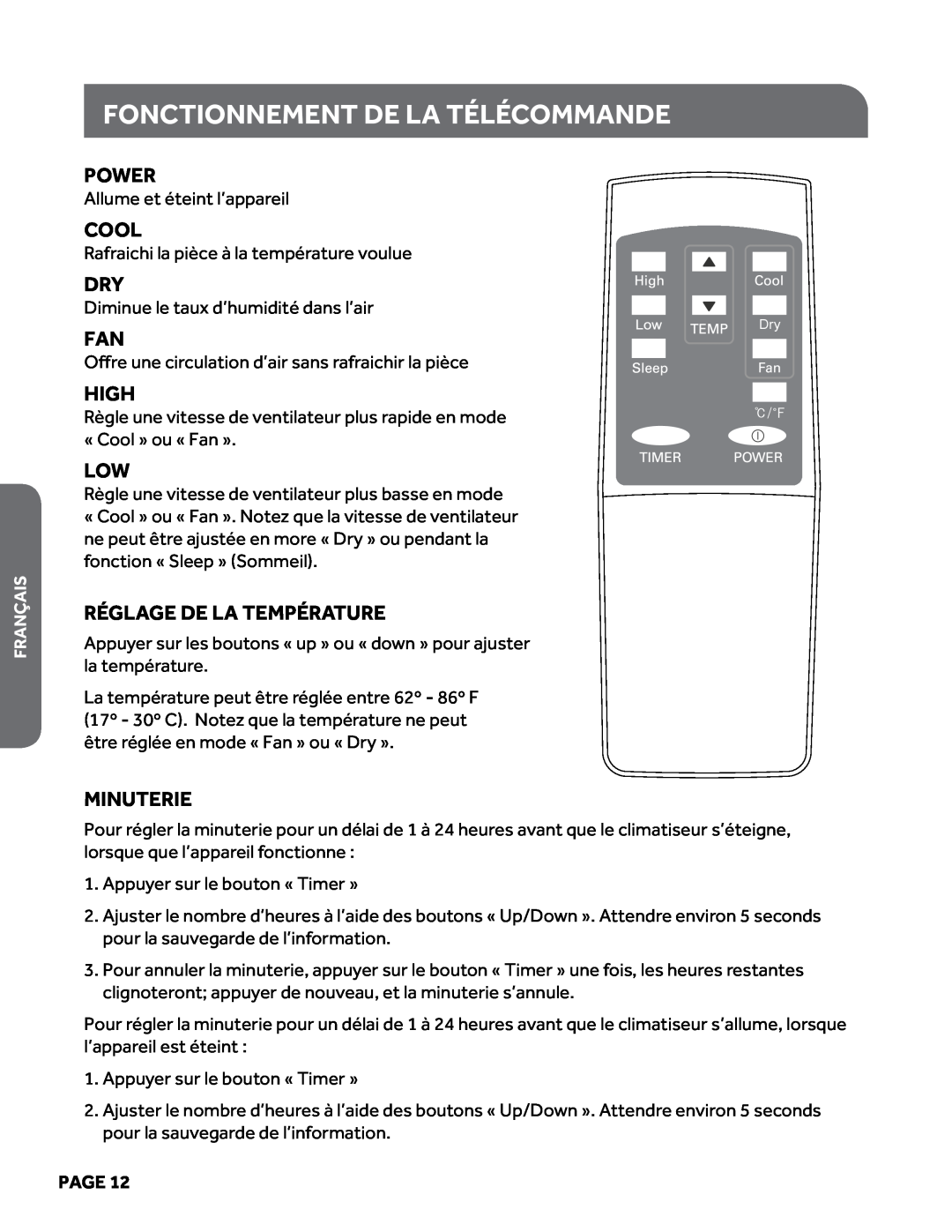 Haier HPY08XCM manual Fonctionnement de la télécommande, Power, Cool, High, Réglage de la température, Minuterie, Page 