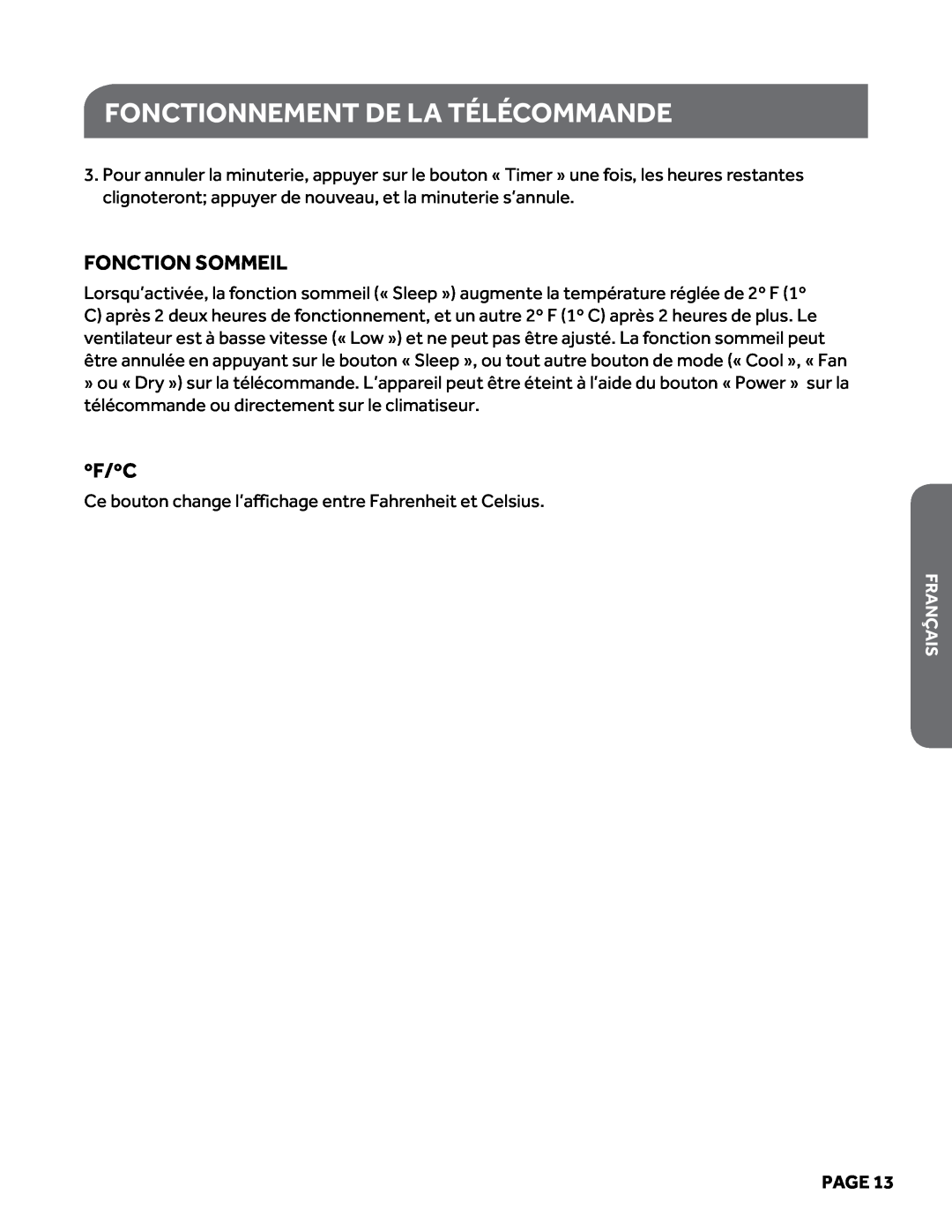 Haier HPY08XCM manual Fonctionnement de la télécommande, Fonction Sommeil, ºf/ºc, Page 